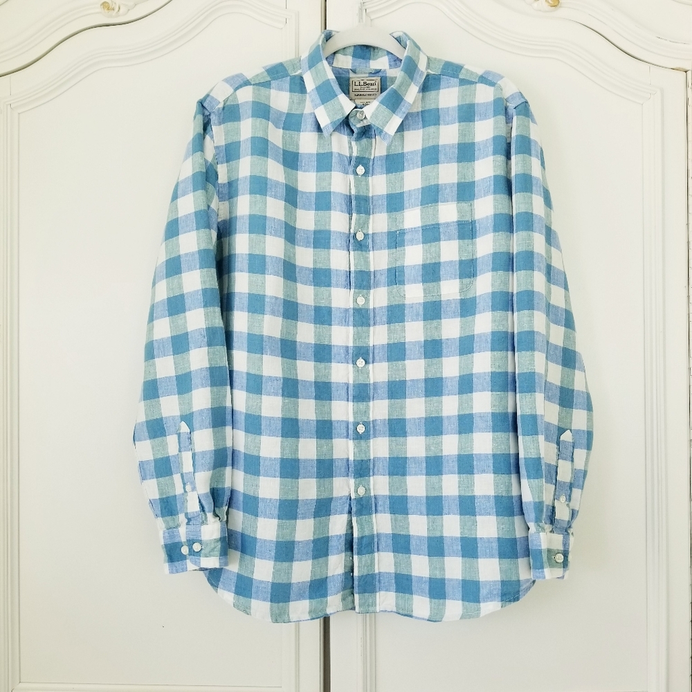 L.L. Bean Blue Green Check Linen Long Sleeve Slightly Fitted Shirt Mens Shirt L